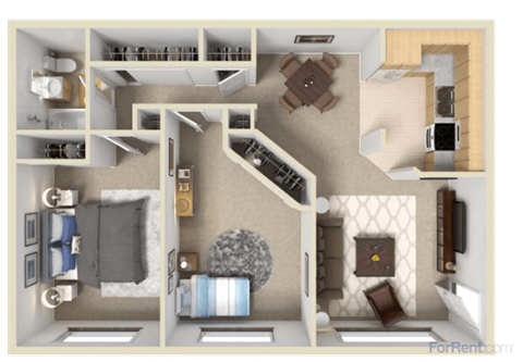 Floor plan for 2 beds, 1 bath, 852 sqft